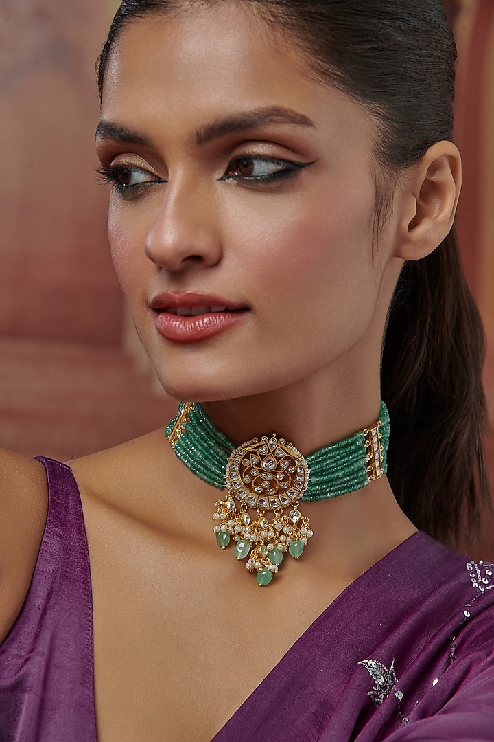 Gold Plated Green Kundan Polki & Pearl Choker Necklace by Paisley Pop at Pernia's Pop Up Shop