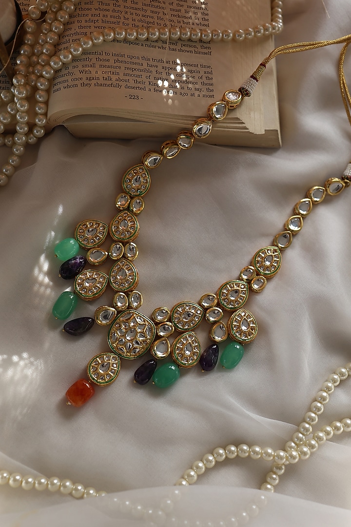 Gold Plated Kundan Polki & Multi-Colored Natural Stone Necklace by Paisley Pop at Pernia's Pop Up Shop