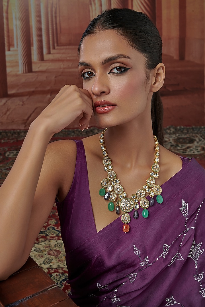 Gold Plated Kundan Polki & Multi-Colored Natural Stone Necklace by Paisley Pop at Pernia's Pop Up Shop