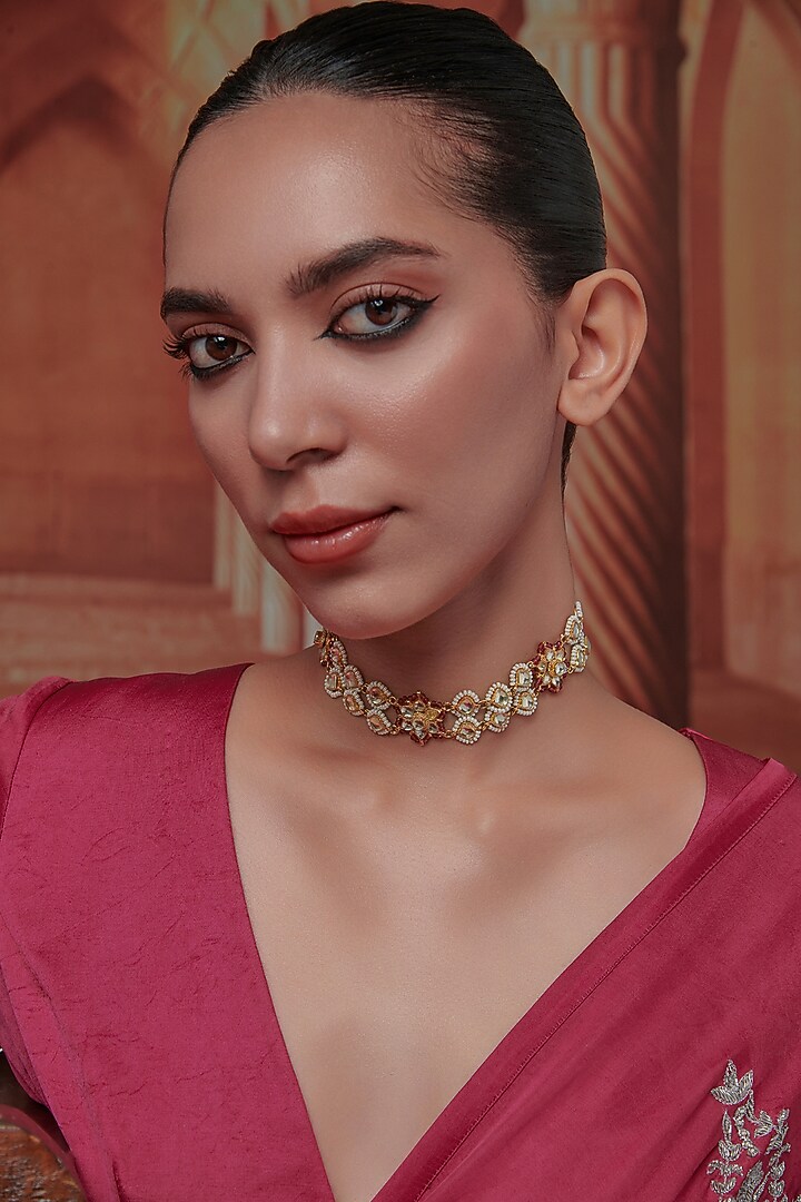 Gold Plated Kundan Polki & Pearl Choker Necklace by Paisley Pop at Pernia's Pop Up Shop
