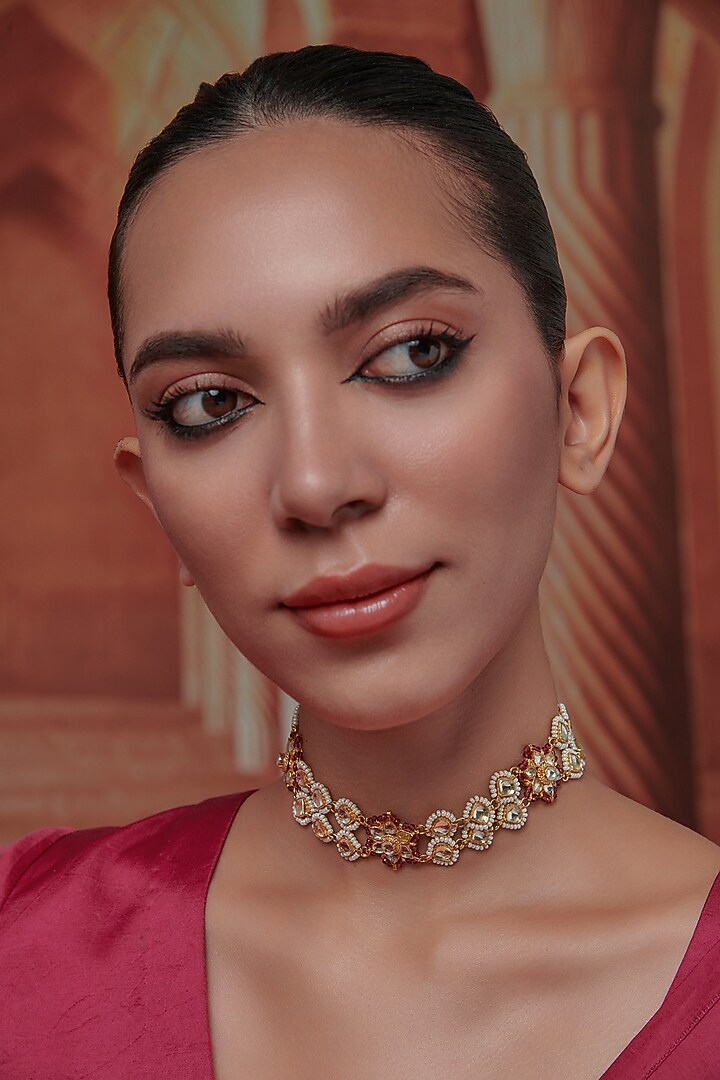 Gold Plated Kundan Polki & Pearl Choker Necklace by Paisley Pop at Pernia's Pop Up Shop