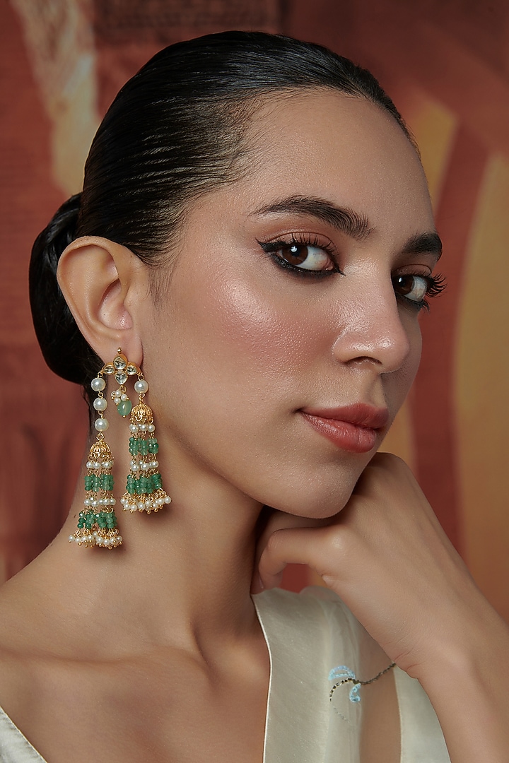 Gold Plated Kundan Polki & Mint Onyx Jhumka Earrings by Paisley Pop at Pernia's Pop Up Shop