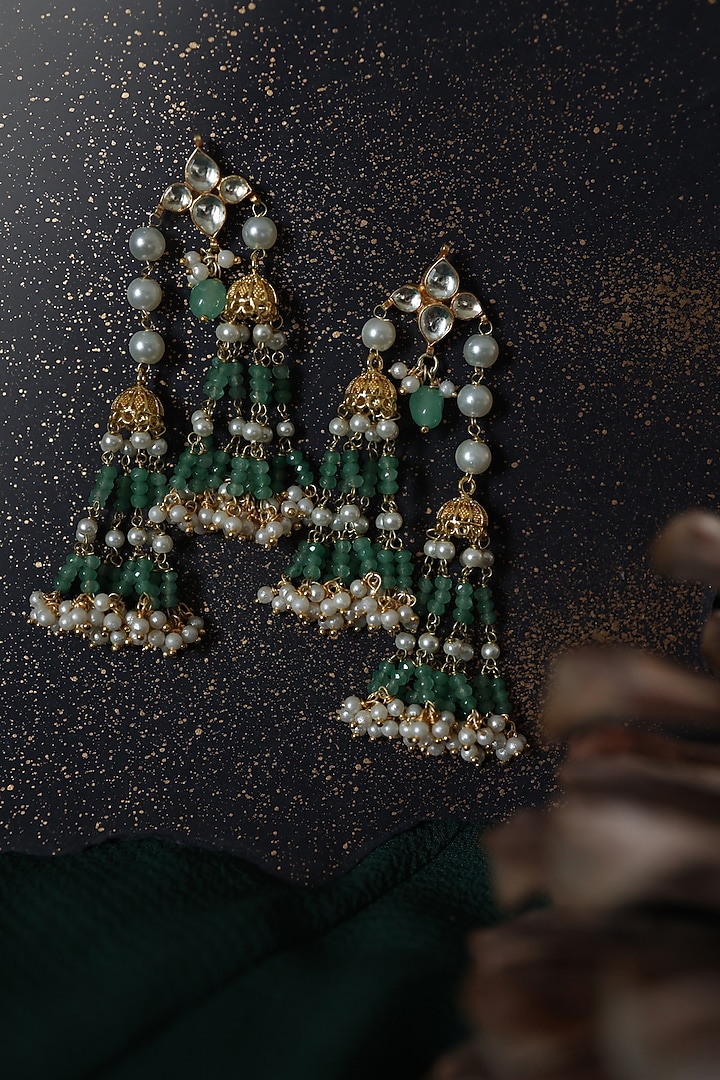 Gold Plated Kundan Polki & Mint Onyx Jhumka Earrings by Paisley Pop at Pernia's Pop Up Shop