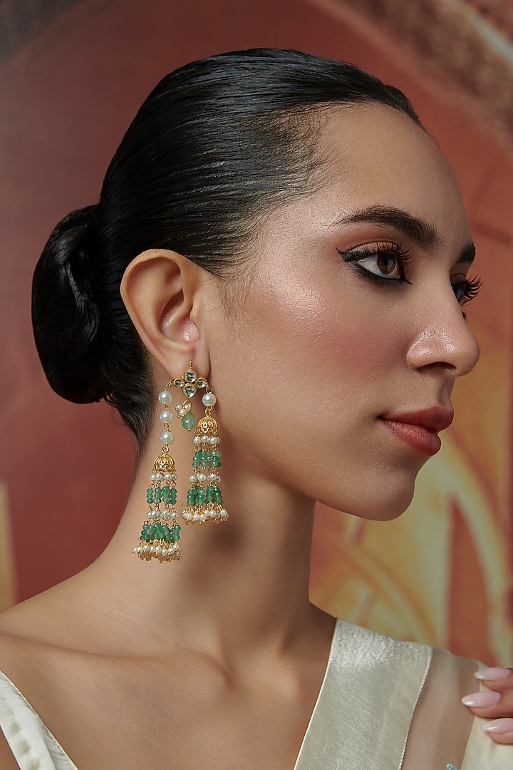 Gold Plated Kundan Polki & Mint Onyx Jhumka Earrings by Paisley Pop at Pernia's Pop Up Shop