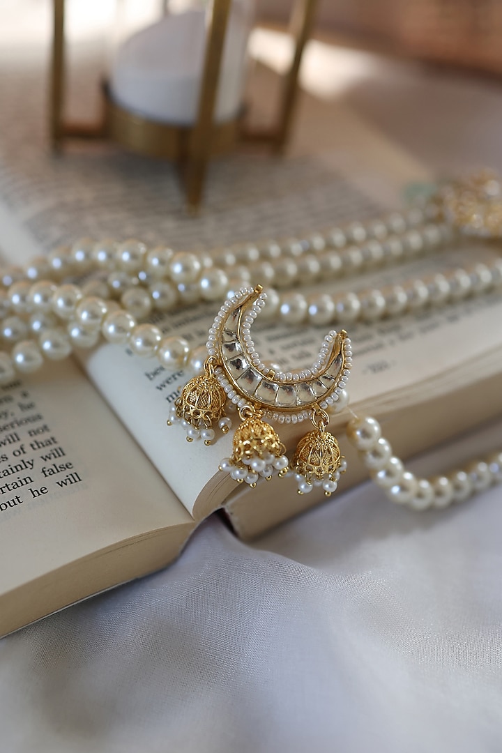 Gold Plated Kundan Polki & Pearl Braid Pin by Paisley Pop at Pernia's Pop Up Shop