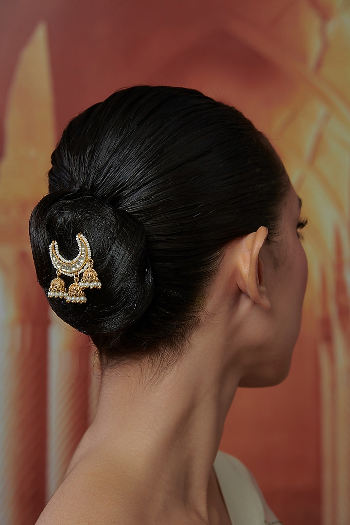 Gold Plated Kundan Polki & Pearl Braid Pin by Paisley Pop at Pernia's Pop Up Shop