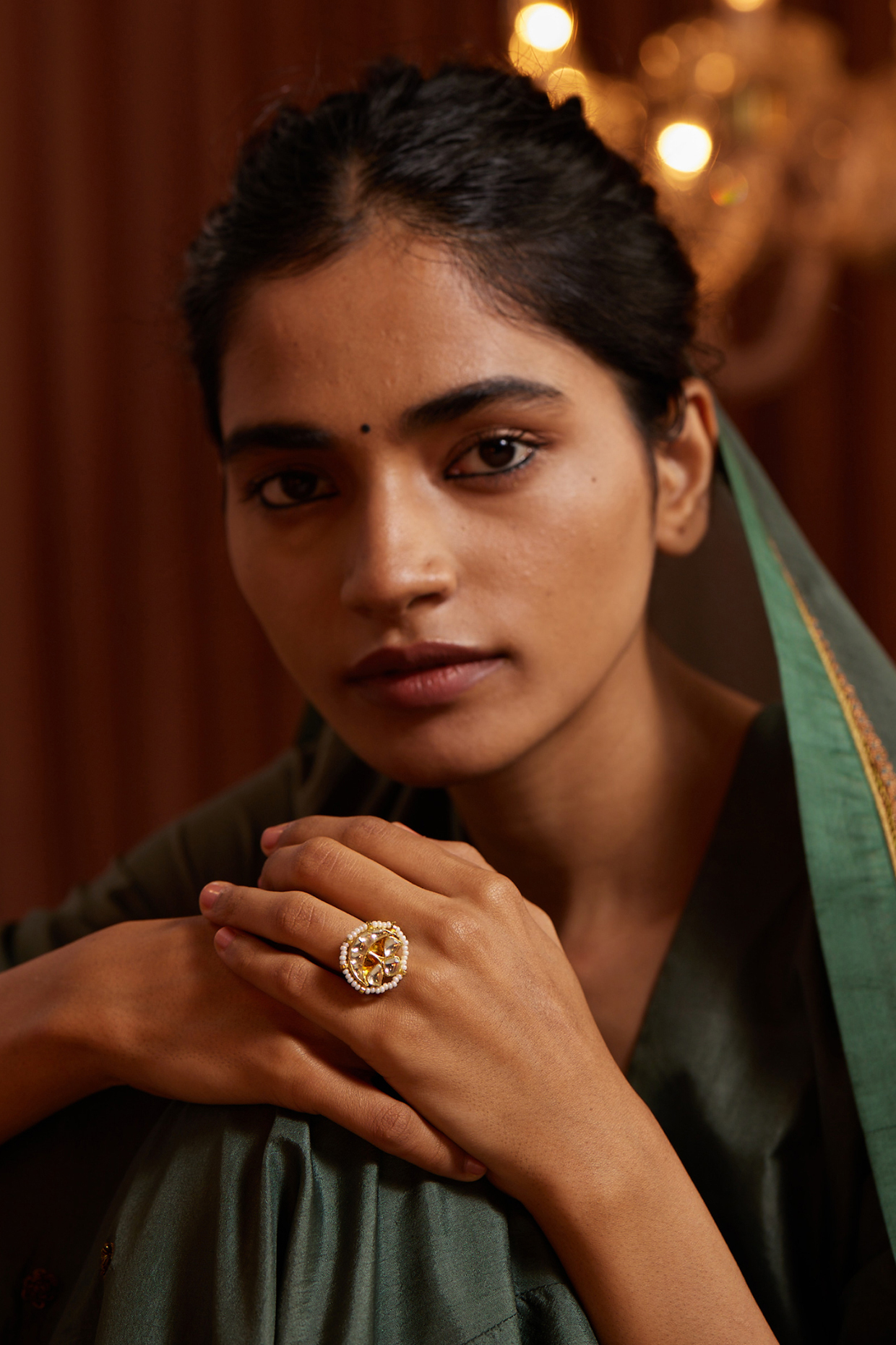 Gold Plated Kundan Polki & Pearl Ring by Paisley Pop at Pernia's Pop Up Shop