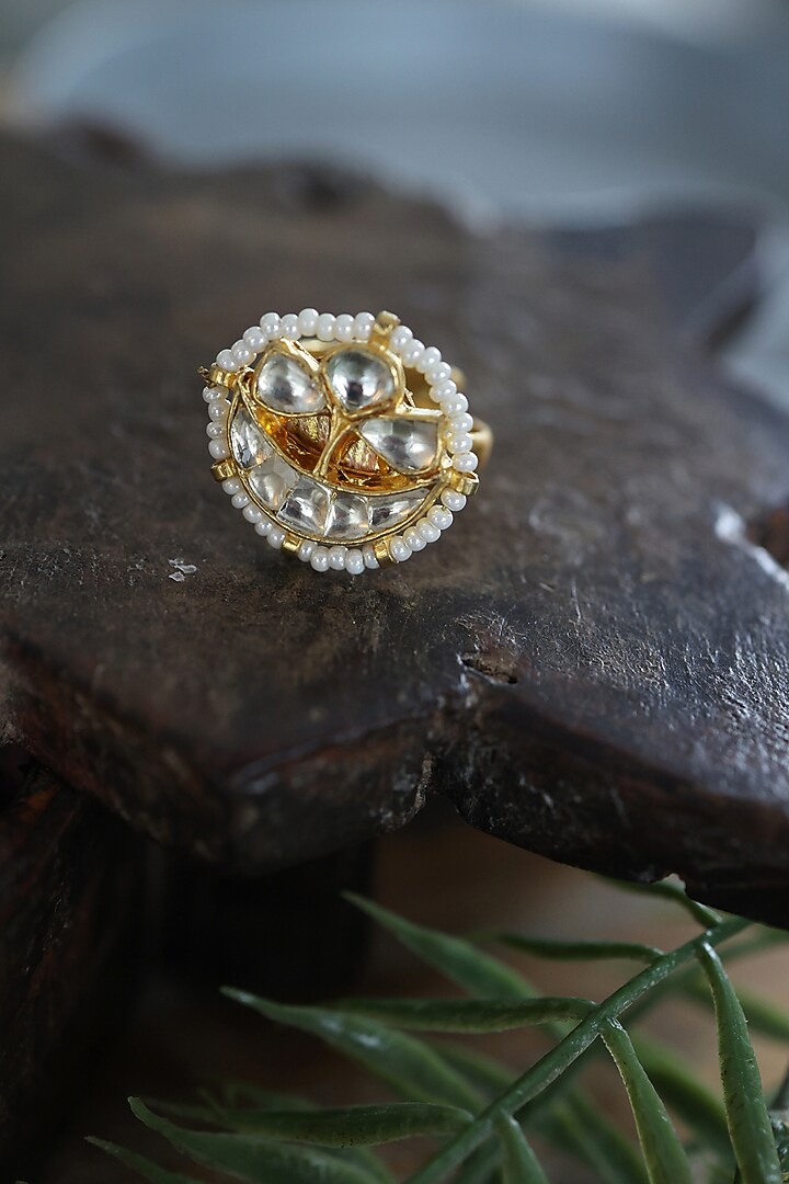 Gold Plated Kundan Polki & Pearl Ring by Paisley Pop at Pernia's Pop Up Shop