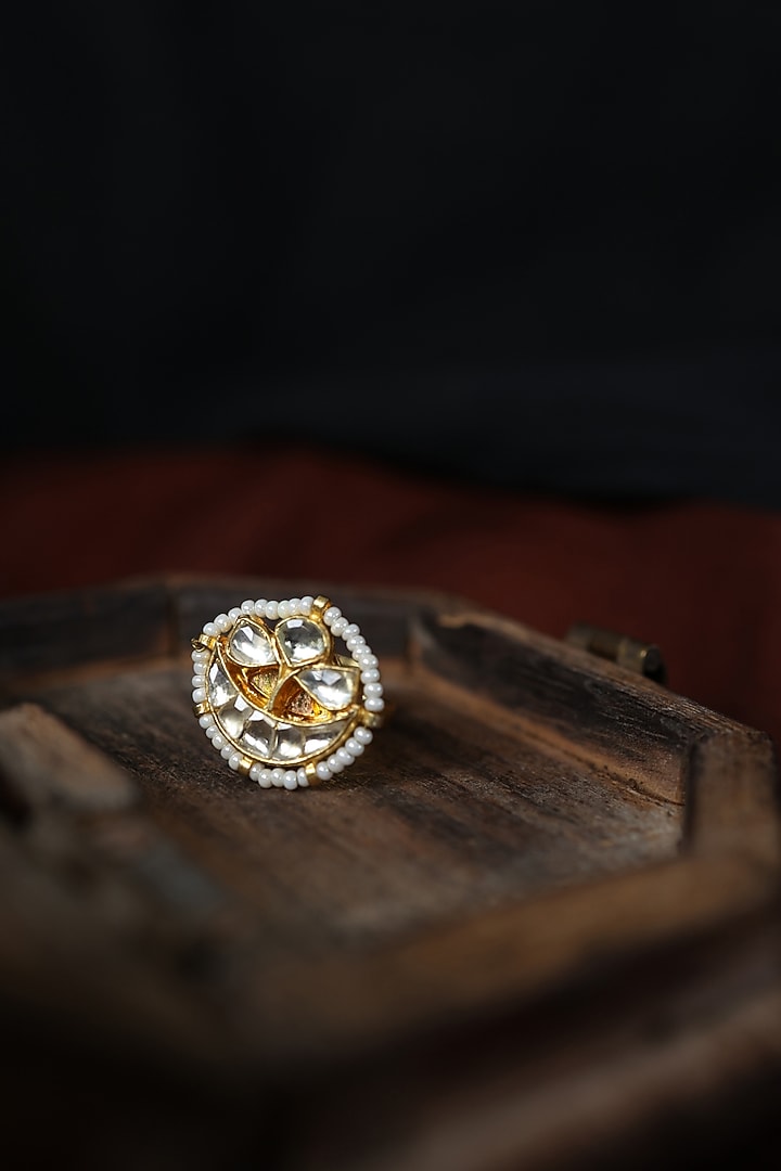 Gold Plated Kundan Polki & Pearl Ring by Paisley Pop at Pernia's Pop Up Shop