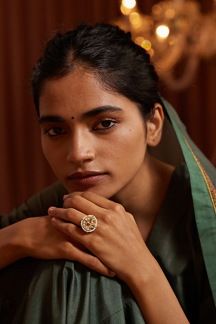Gold Plated Kundan Polki & Pearl Ring by Paisley Pop at Pernia's Pop Up Shop