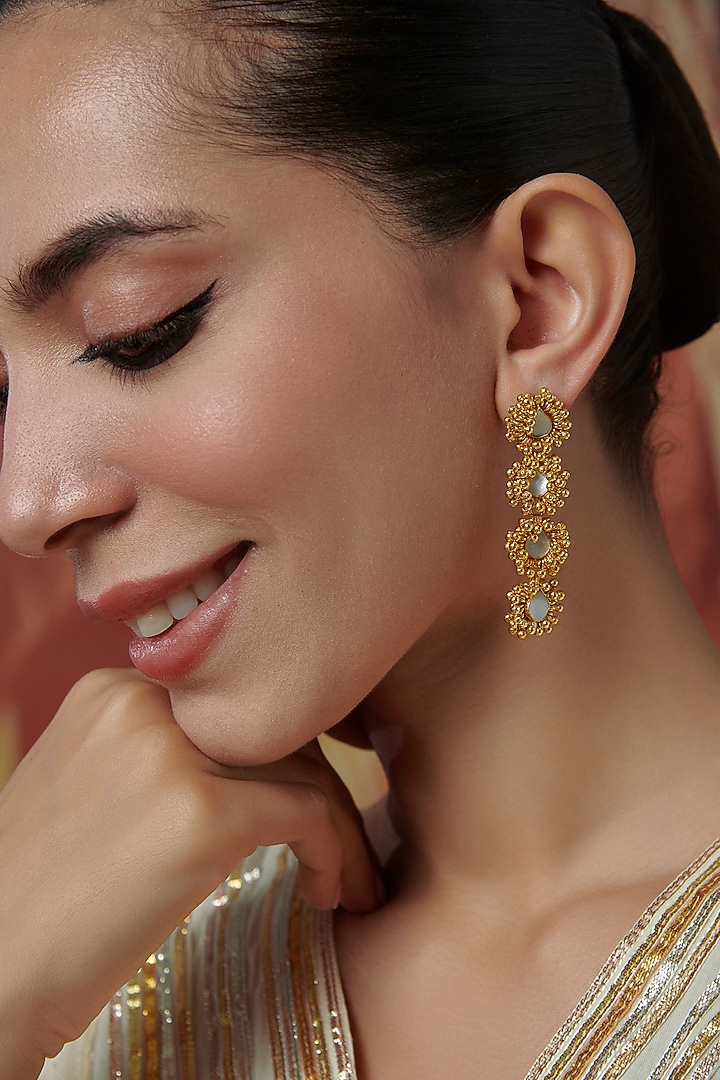 Gold Plated Mother Of Pearl & Ghungroo Dangler Earrings by Paisley Pop at Pernia's Pop Up Shop