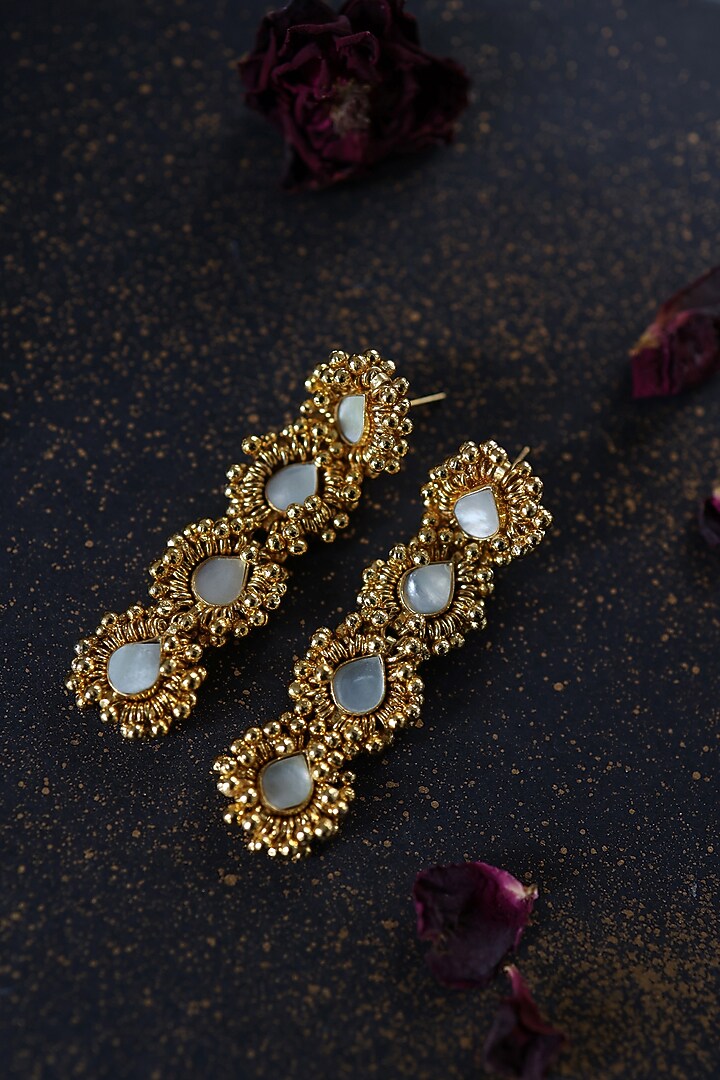 Gold Plated Mother Of Pearl & Ghungroo Dangler Earrings by Paisley Pop at Pernia's Pop Up Shop