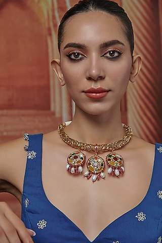 Gold Plated Kundan Polki & Multi-Colored Navratna Stone Hasli Necklace by Paisley Pop