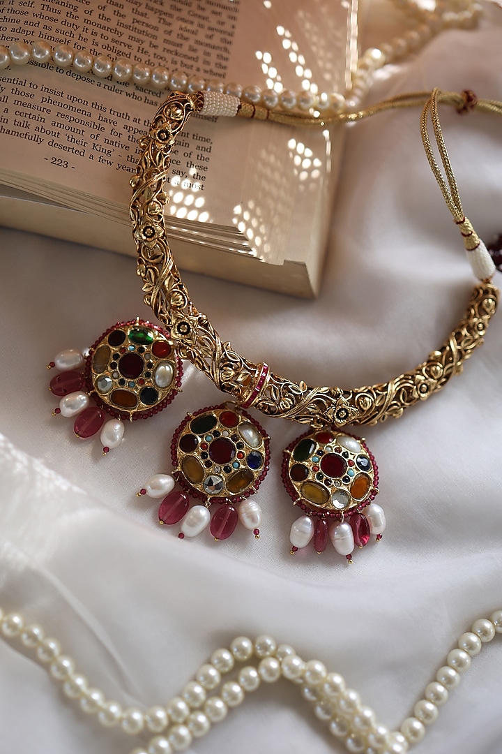 Gold Plated Kundan Polki & Multi-Colored Navratna Stone Hasli Necklace by Paisley Pop at Pernia's Pop Up Shop
