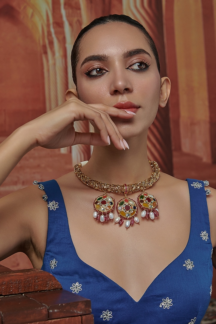 Gold Plated Kundan Polki & Multi-Colored Navratna Stone Hasli Necklace by Paisley Pop at Pernia's Pop Up Shop