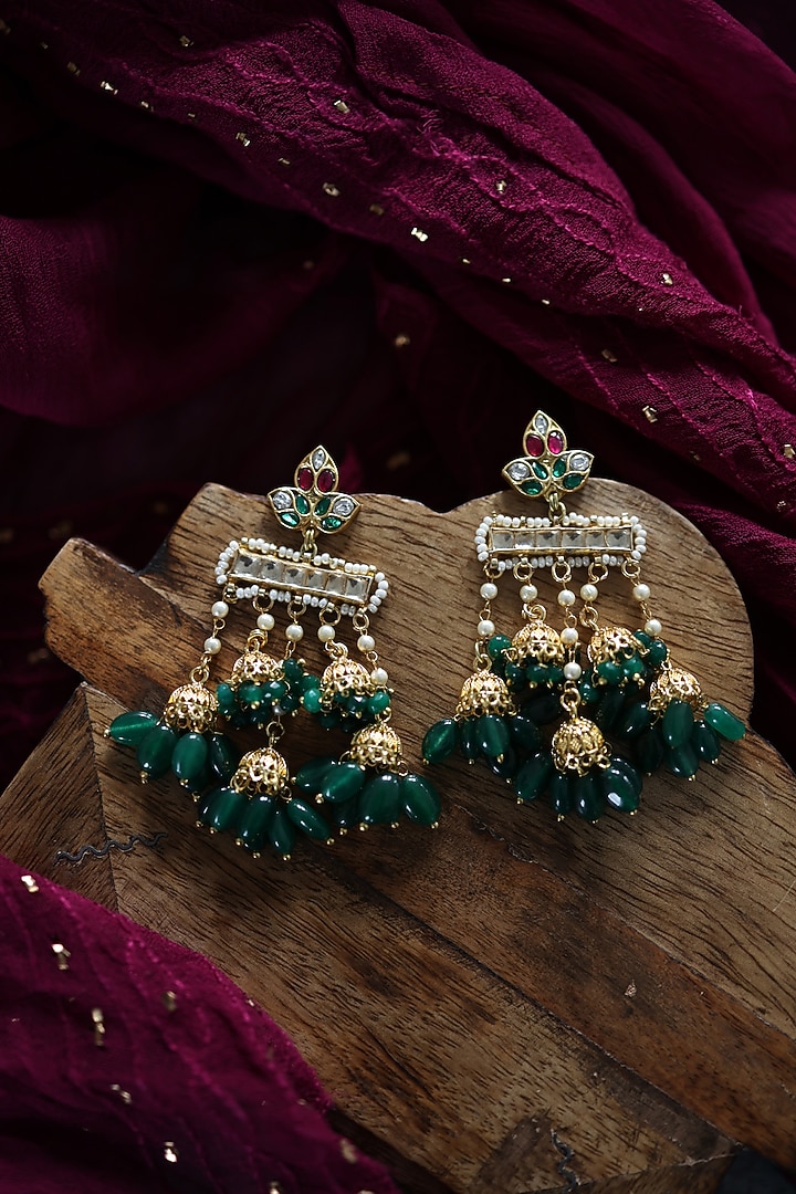 Gold Plated Kundan Polki & Jade Green Stone Dangler Earrings by Paisley Pop at Pernia's Pop Up Shop
