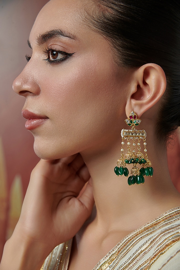 Gold Plated Kundan Polki & Jade Green Stone Dangler Earrings by Paisley Pop at Pernia's Pop Up Shop