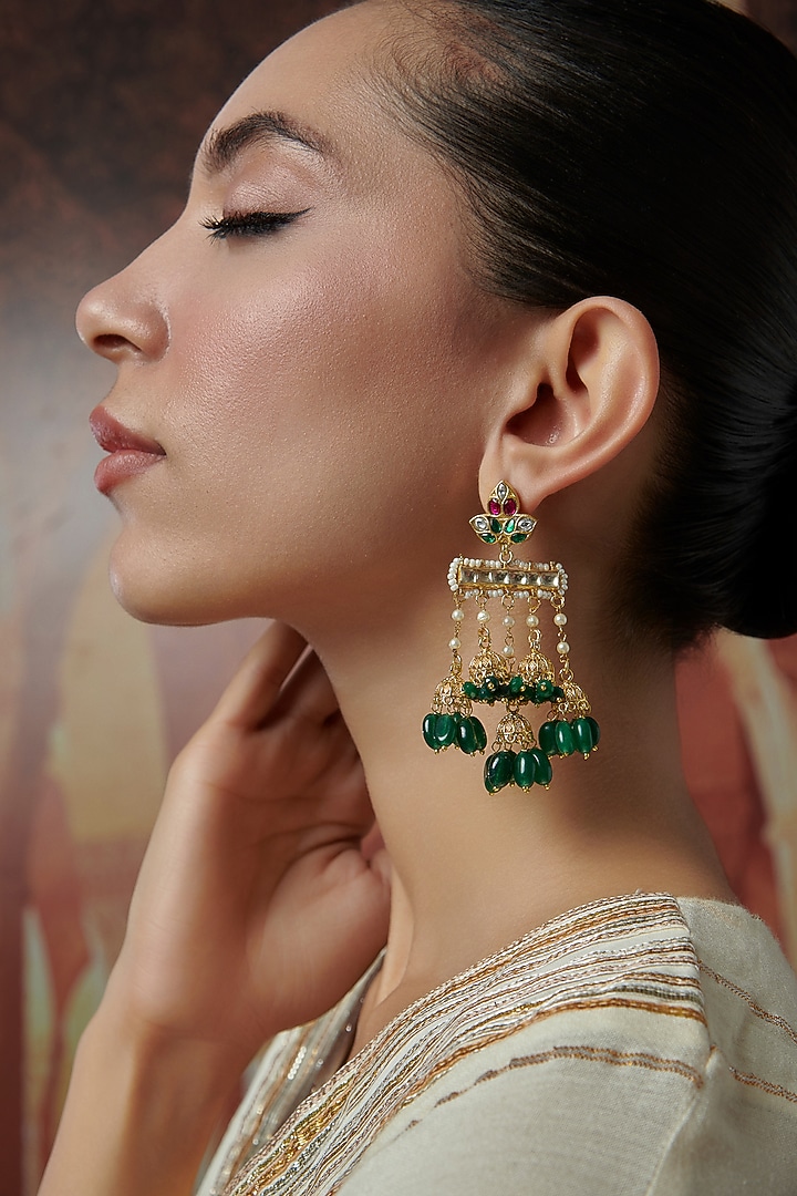 Gold Plated Kundan Polki & Jade Green Stone Dangler Earrings by Paisley Pop at Pernia's Pop Up Shop