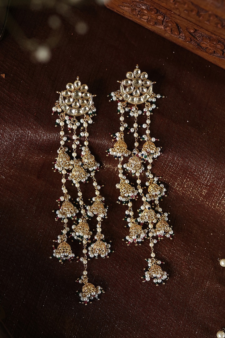 Gold Plated Kundan Polki & Green Hydro Stone Jhumka Earrings by Paisley Pop at Pernia's Pop Up Shop