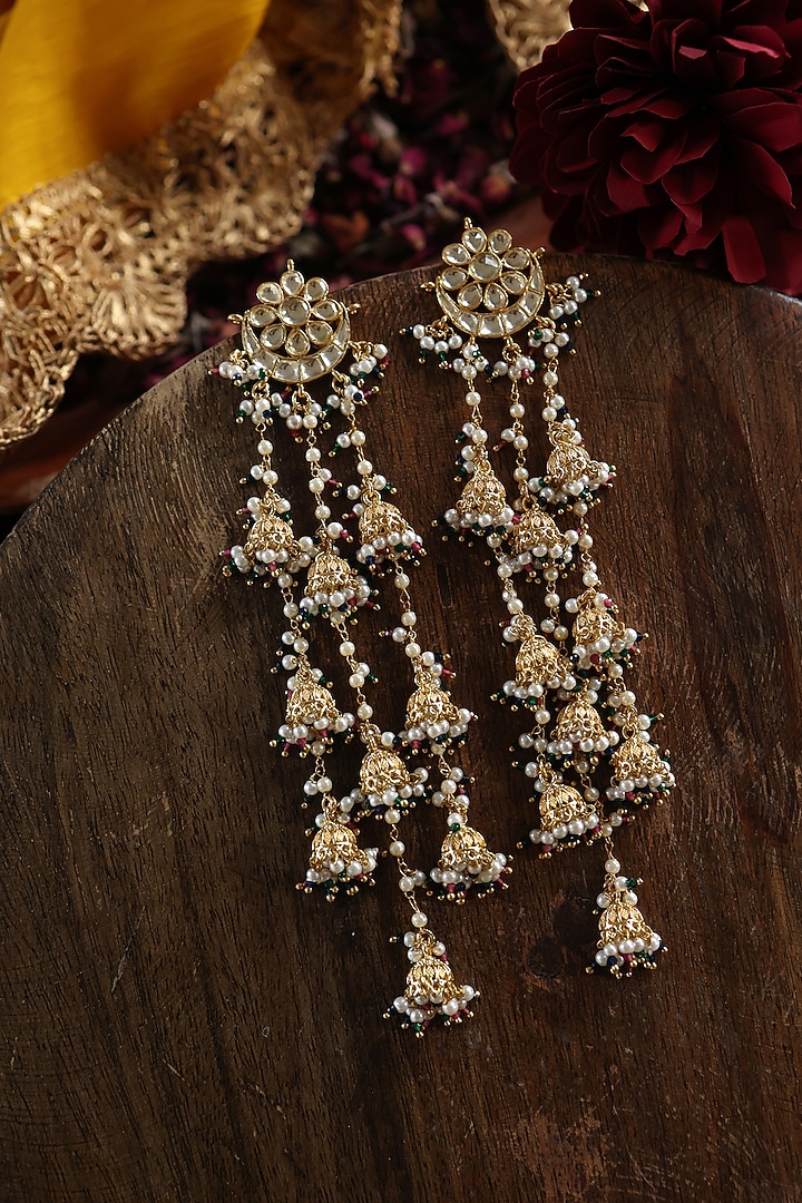 Gold Plated Kundan Polki & Green Hydro Stone Jhumka Earrings by Paisley Pop at Pernia's Pop Up Shop