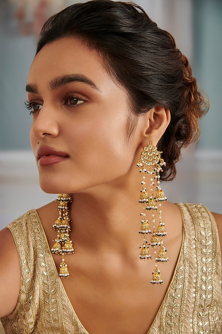 Gold Plated Kundan Polki & Green Hydro Stone Jhumka Earrings by Paisley Pop at Pernia's Pop Up Shop