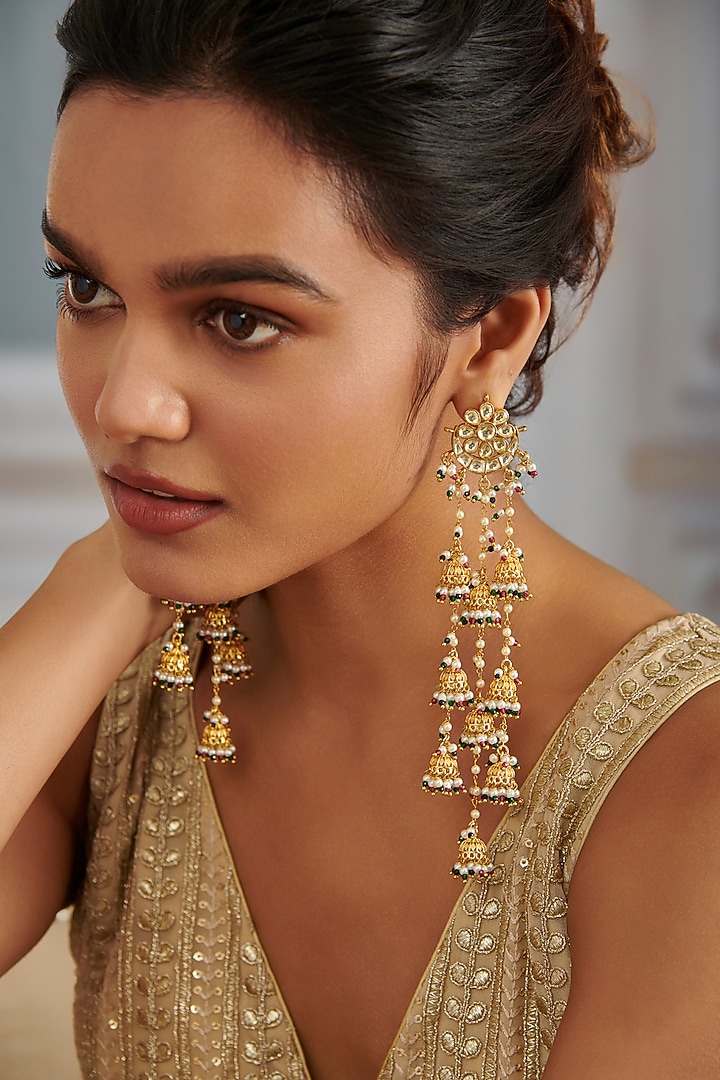 Gold Plated Kundan Polki & Green Hydro Stone Jhumka Earrings by Paisley Pop at Pernia's Pop Up Shop