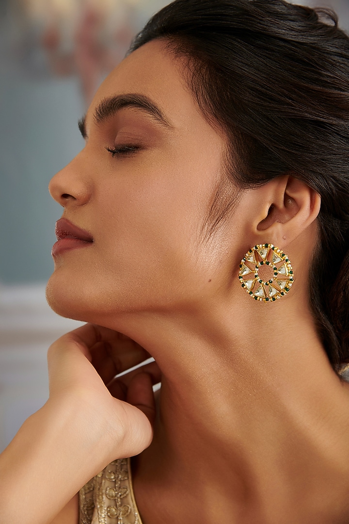 Gold Plated Kundan Polki & Green Hydro Stone Stud Earrings by Paisley Pop at Pernia's Pop Up Shop