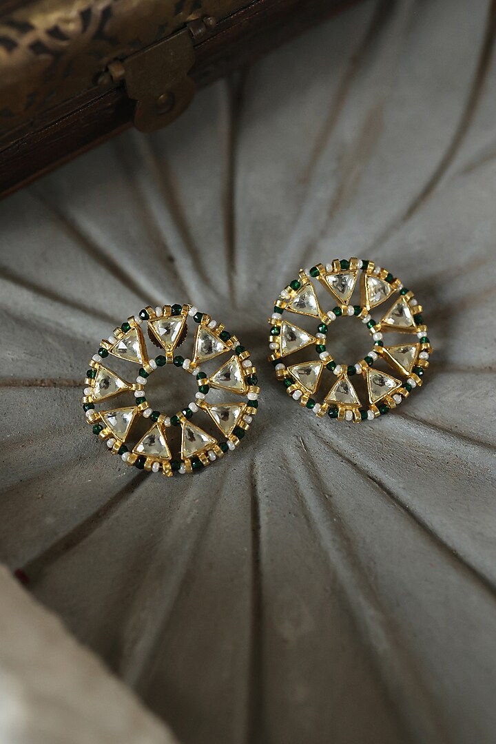Gold Plated Kundan Polki & Green Hydro Stone Stud Earrings by Paisley Pop at Pernia's Pop Up Shop