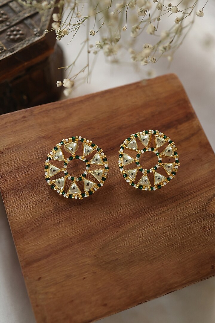 Gold Plated Kundan Polki & Green Hydro Stone Stud Earrings by Paisley Pop at Pernia's Pop Up Shop