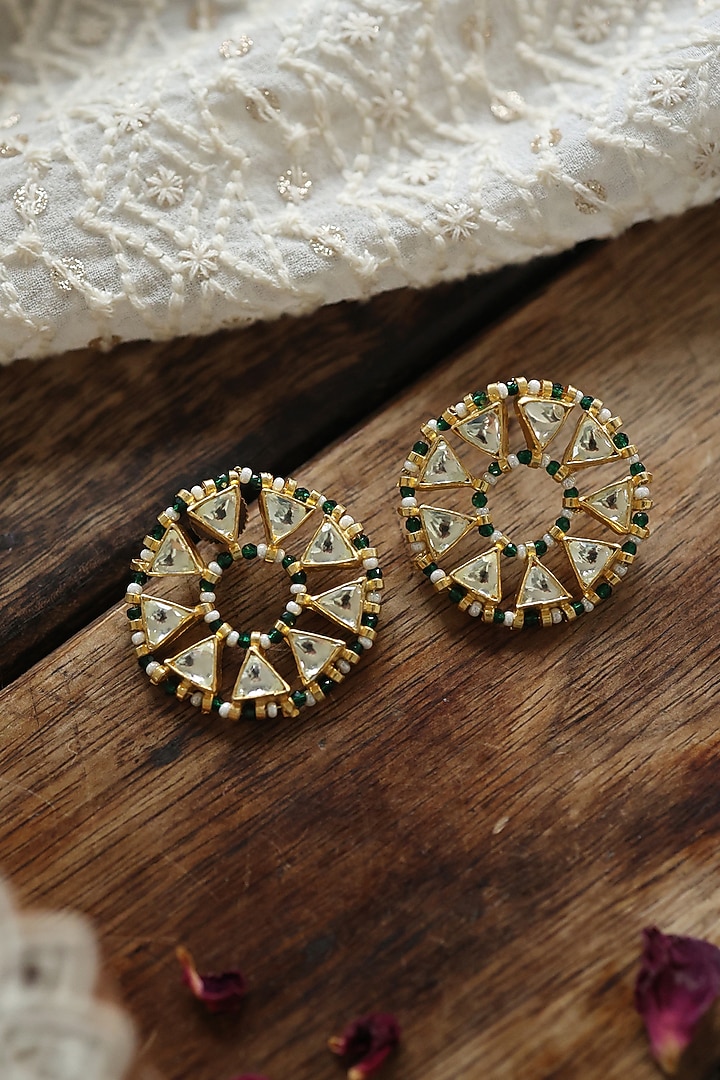 Gold Plated Kundan Polki & Green Hydro Stone Stud Earrings by Paisley Pop at Pernia's Pop Up Shop