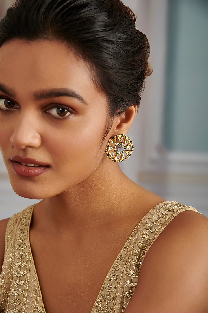 Gold Plated Kundan Polki & Green Hydro Stone Stud Earrings by Paisley Pop at Pernia's Pop Up Shop