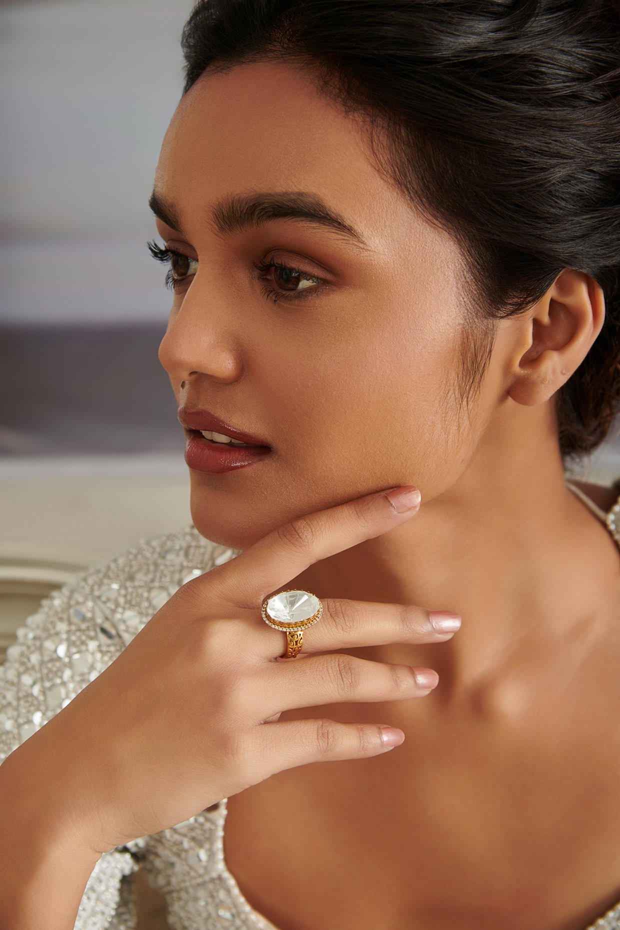 Gold Plated Kundan Polki & Cubic Zirconia Ring by Paisley Pop at Pernia's Pop Up Shop