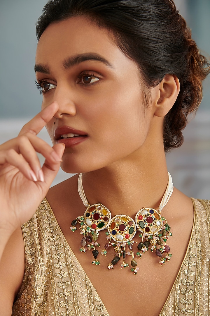 Gold Plated Kundan Polki & Multi-Colored Tourmaline Stone Necklace by Paisley Pop at Pernia's Pop Up Shop