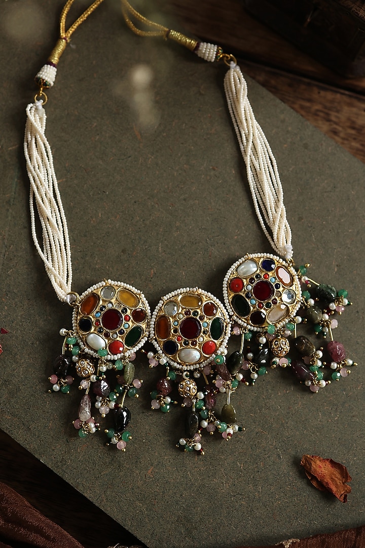 Gold Plated Kundan Polki & Multi-Colored Tourmaline Stone Necklace by Paisley Pop at Pernia's Pop Up Shop