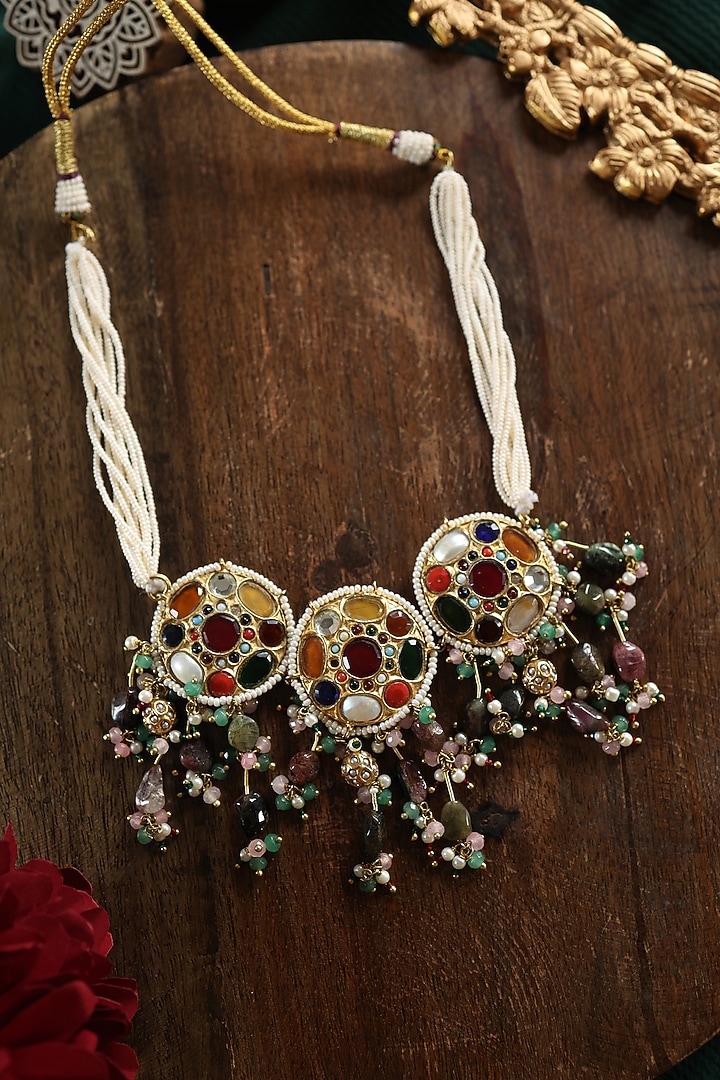 Gold Plated Kundan Polki & Multi-Colored Tourmaline Stone Necklace by Paisley Pop at Pernia's Pop Up Shop