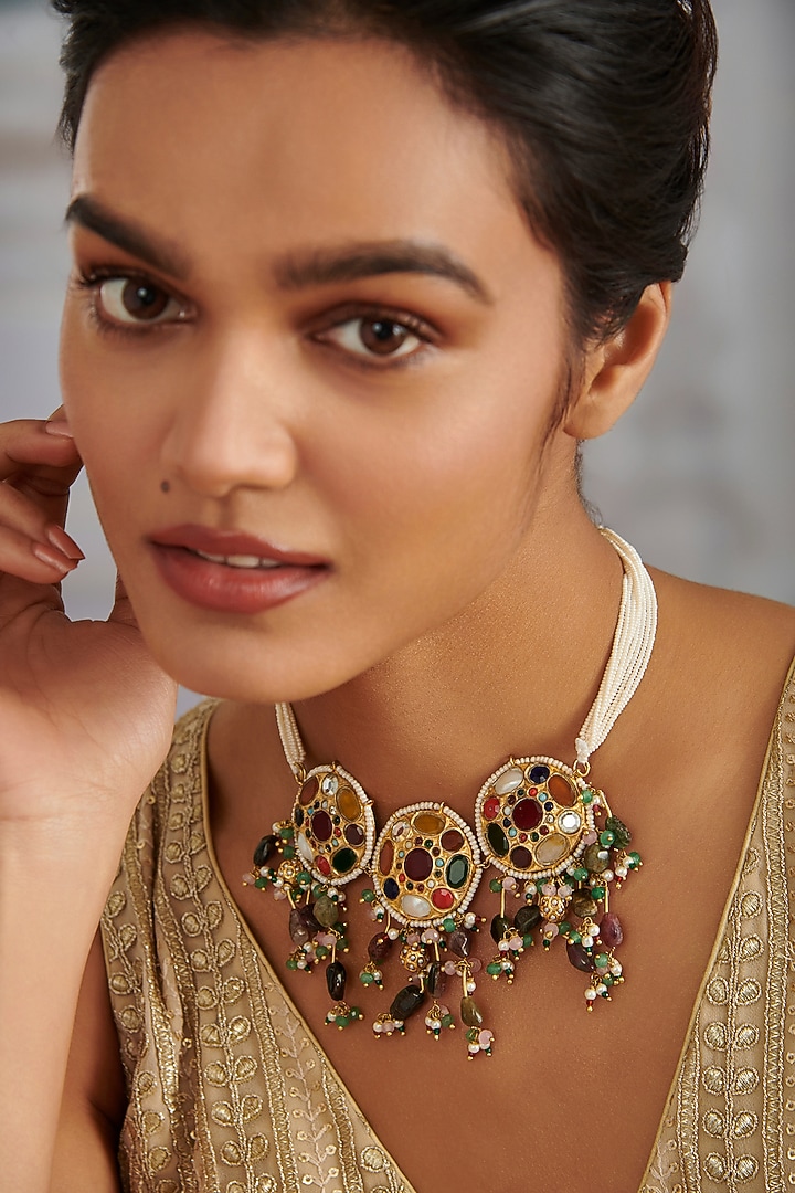 Gold Plated Kundan Polki & Multi-Colored Tourmaline Stone Necklace by Paisley Pop at Pernia's Pop Up Shop