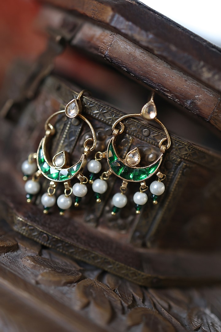 Gold Plated Kundan Polki & Pearl Earrings by Paisley Pop at Pernia's Pop Up Shop