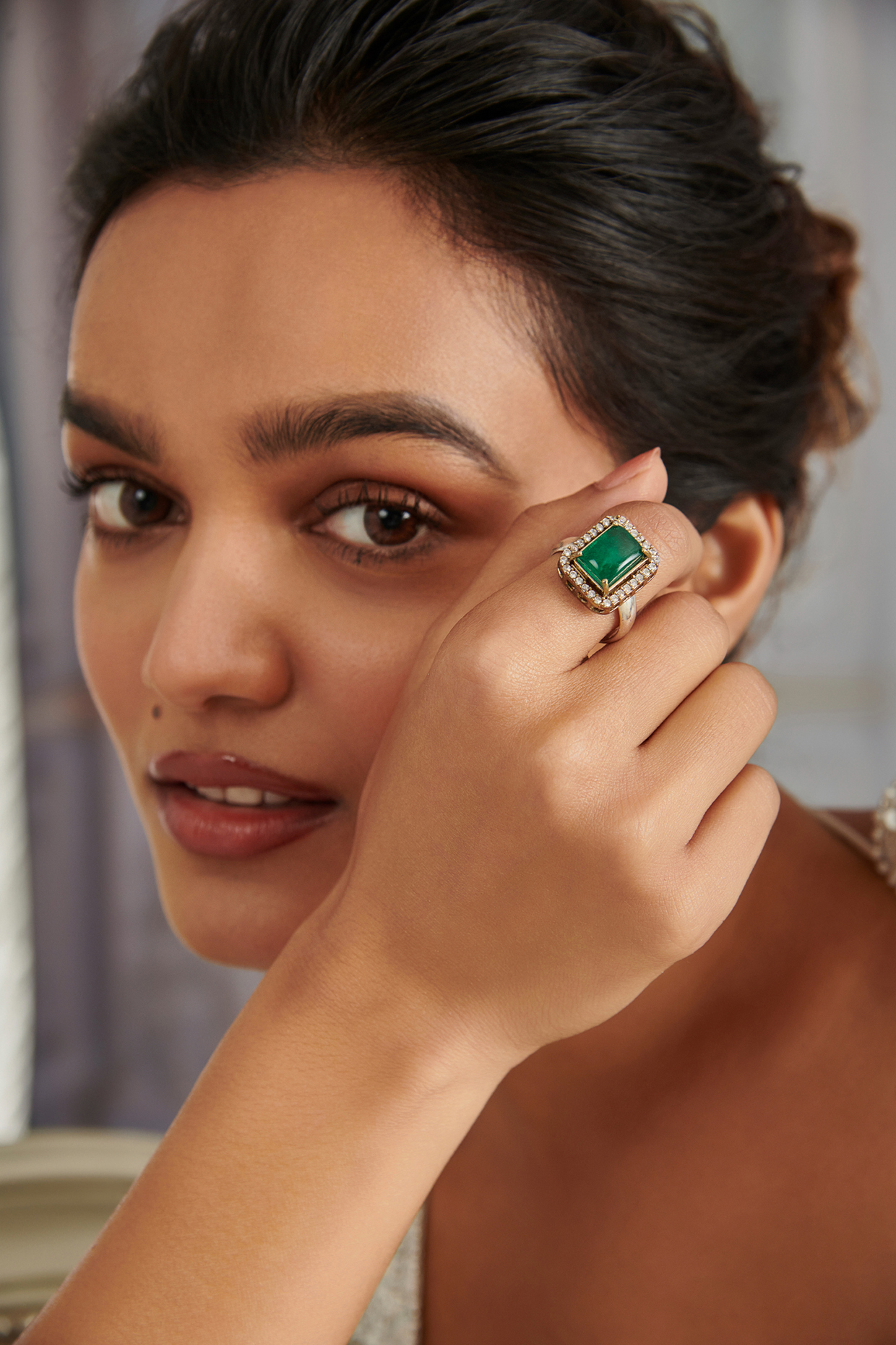 Gold Plated Emerald Green Stone & Cubic Zirconia Ring by Paisley Pop at Pernia's Pop Up Shop