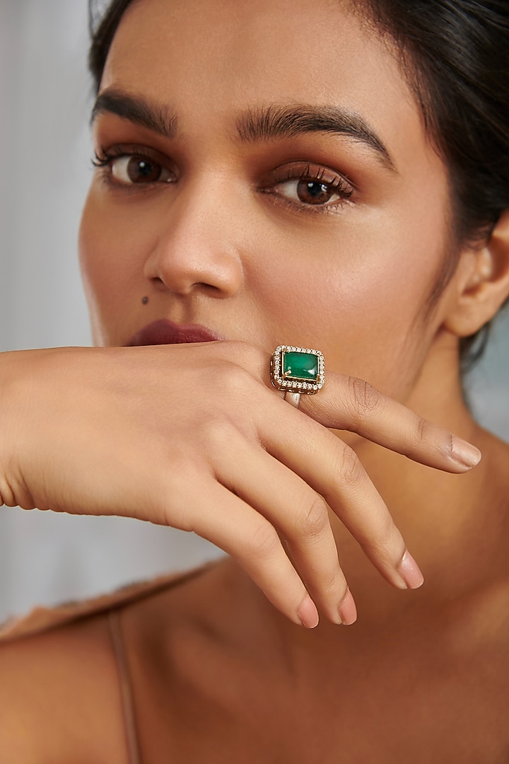 Gold Plated Emerald Green Stone & Cubic Zirconia Ring by Paisley Pop at Pernia's Pop Up Shop