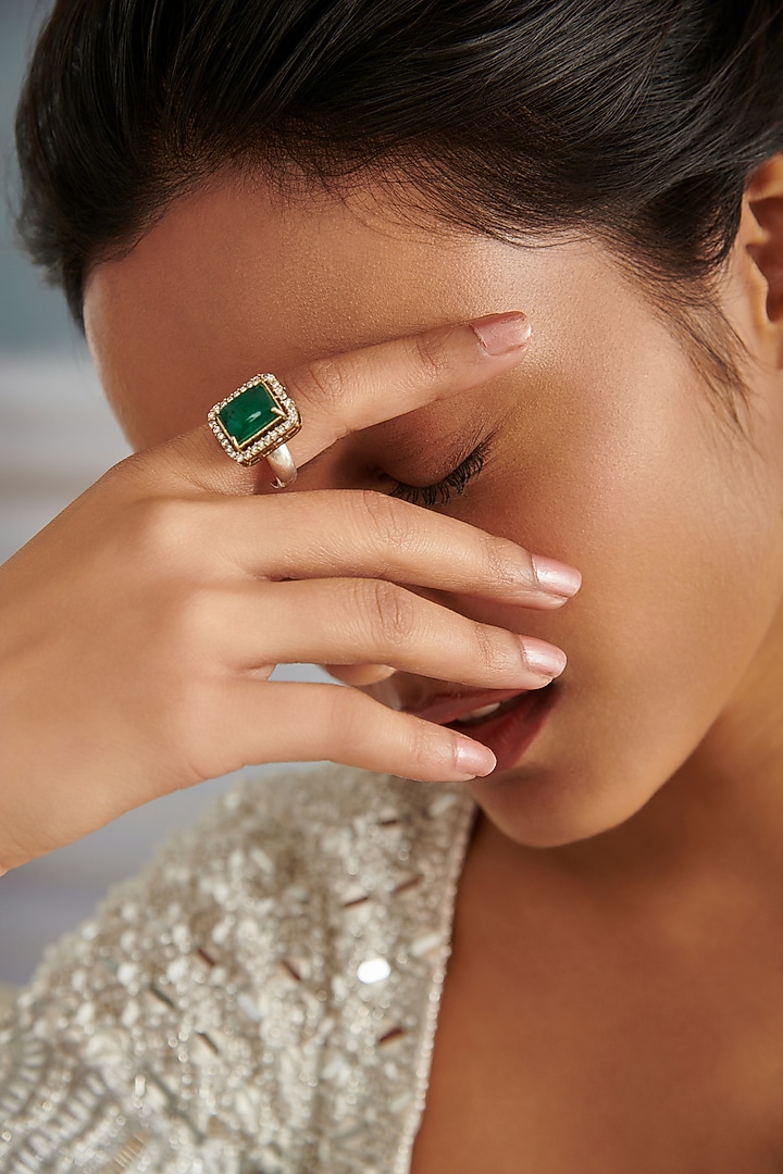 Gold Plated Emerald Green Stone & Cubic Zirconia Ring by Paisley Pop at Pernia's Pop Up Shop