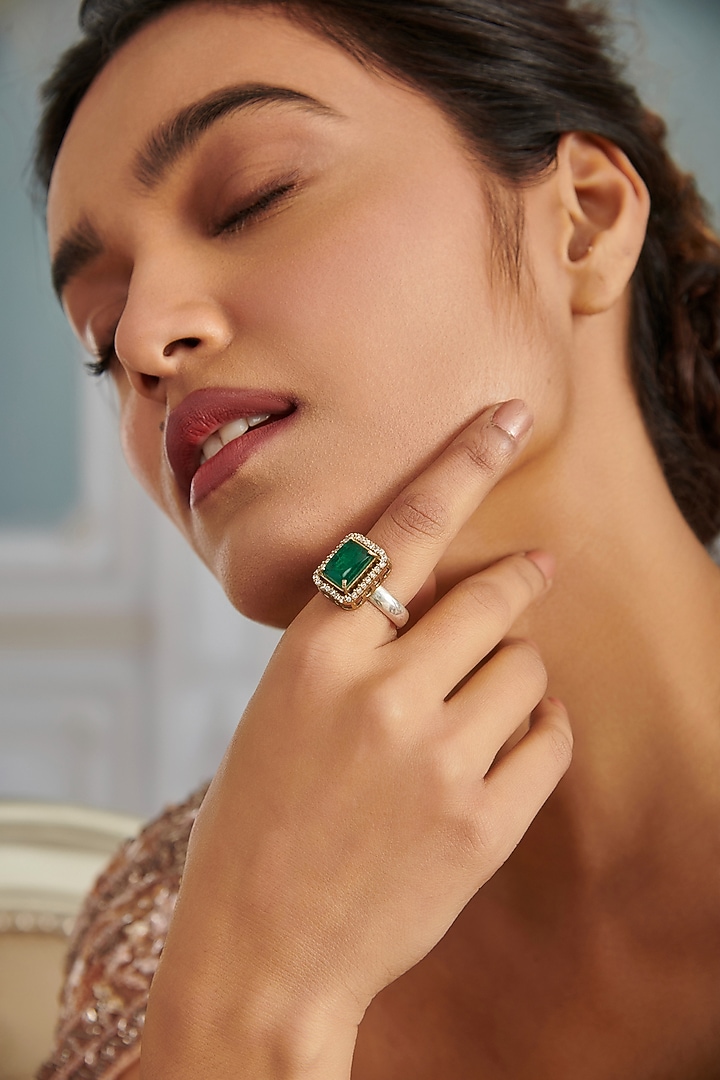 Gold Plated Emerald Green Stone & Cubic Zirconia Ring by Paisley Pop at Pernia's Pop Up Shop