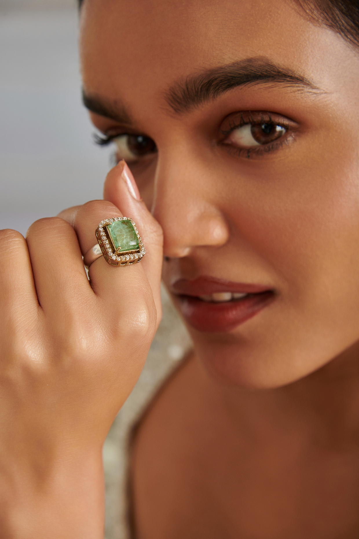 Gold Plated Mint Green Fluorite Stone & Cubic Zirconia Ring by Paisley Pop at Pernia's Pop Up Shop