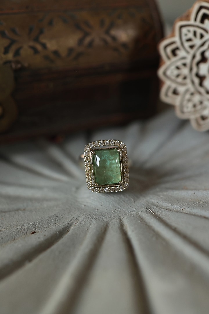 Gold Plated Mint Green Fluorite Stone & Cubic Zirconia Ring by Paisley Pop at Pernia's Pop Up Shop