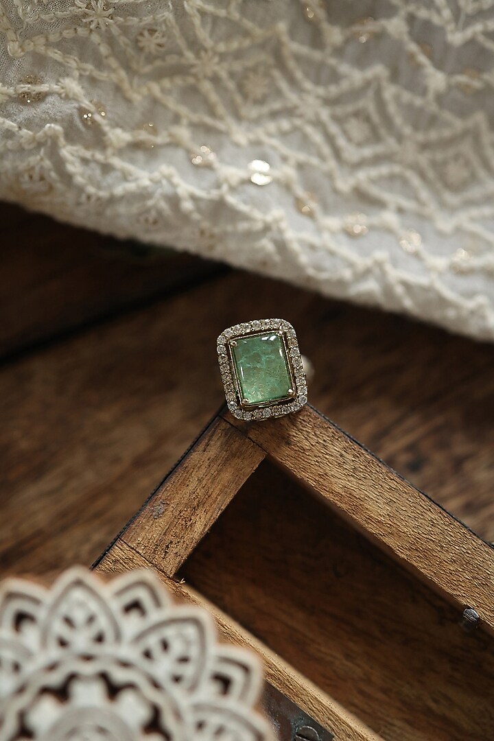 Gold Plated Mint Green Fluorite Stone & Cubic Zirconia Ring by Paisley Pop at Pernia's Pop Up Shop