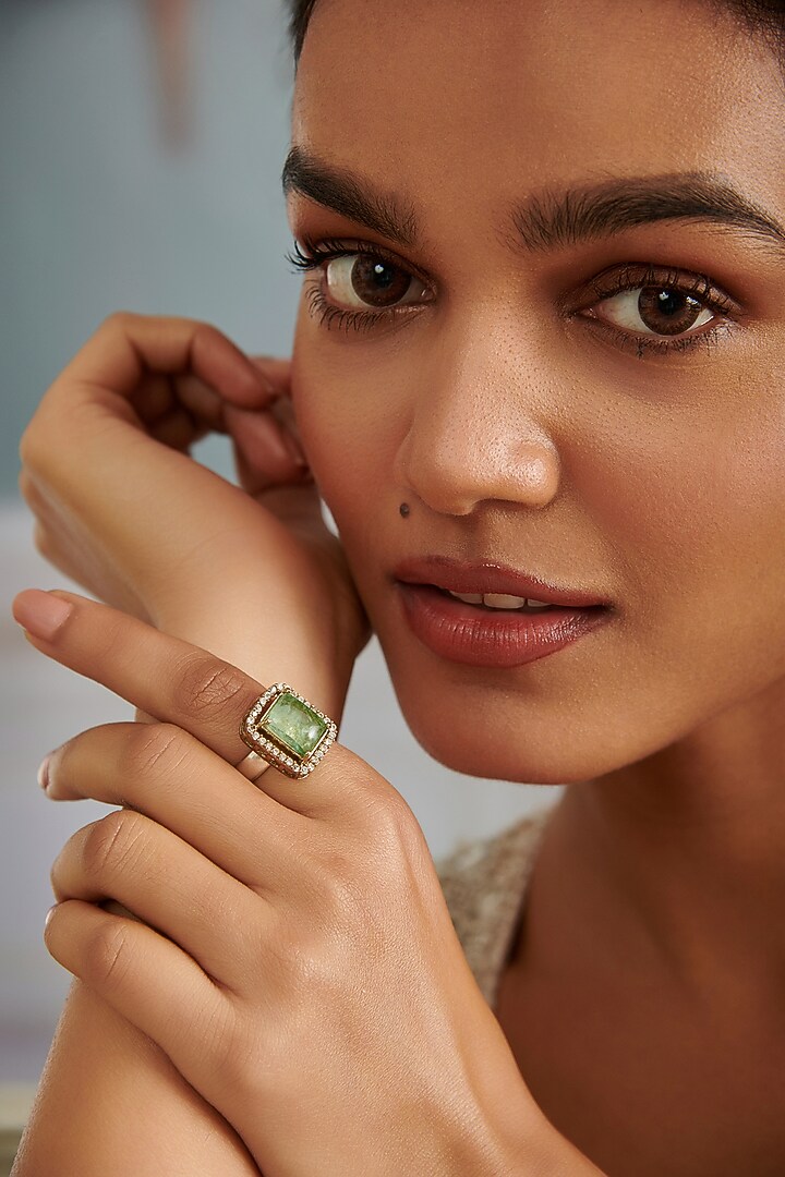 Gold Plated Mint Green Fluorite Stone & Cubic Zirconia Ring by Paisley Pop at Pernia's Pop Up Shop