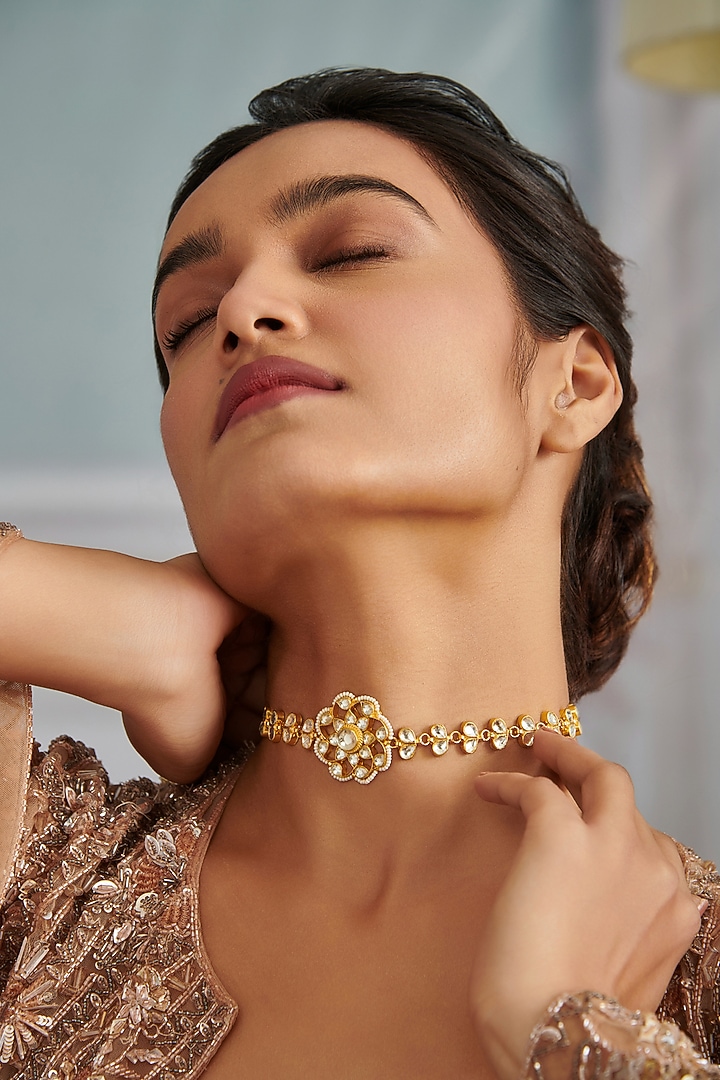 Gold Plated Kundan Polki & Pearl Necklace by Paisley Pop at Pernia's Pop Up Shop