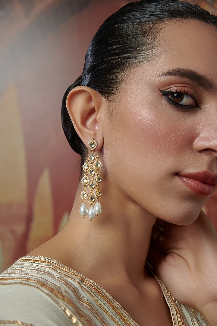 Gold Plated Kundan Polki & Shell Pearl Dangler Earrings by Paisley Pop at Pernia's Pop Up Shop