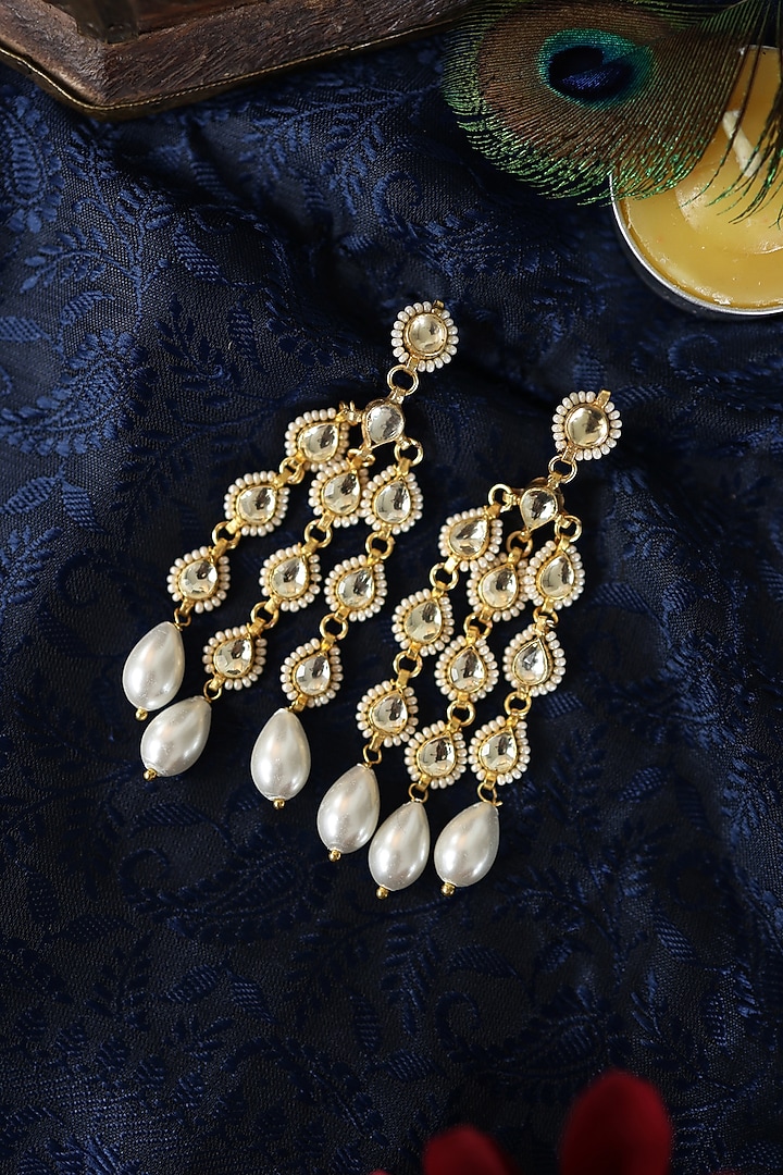 Gold Plated Kundan Polki & Shell Pearl Dangler Earrings by Paisley Pop at Pernia's Pop Up Shop
