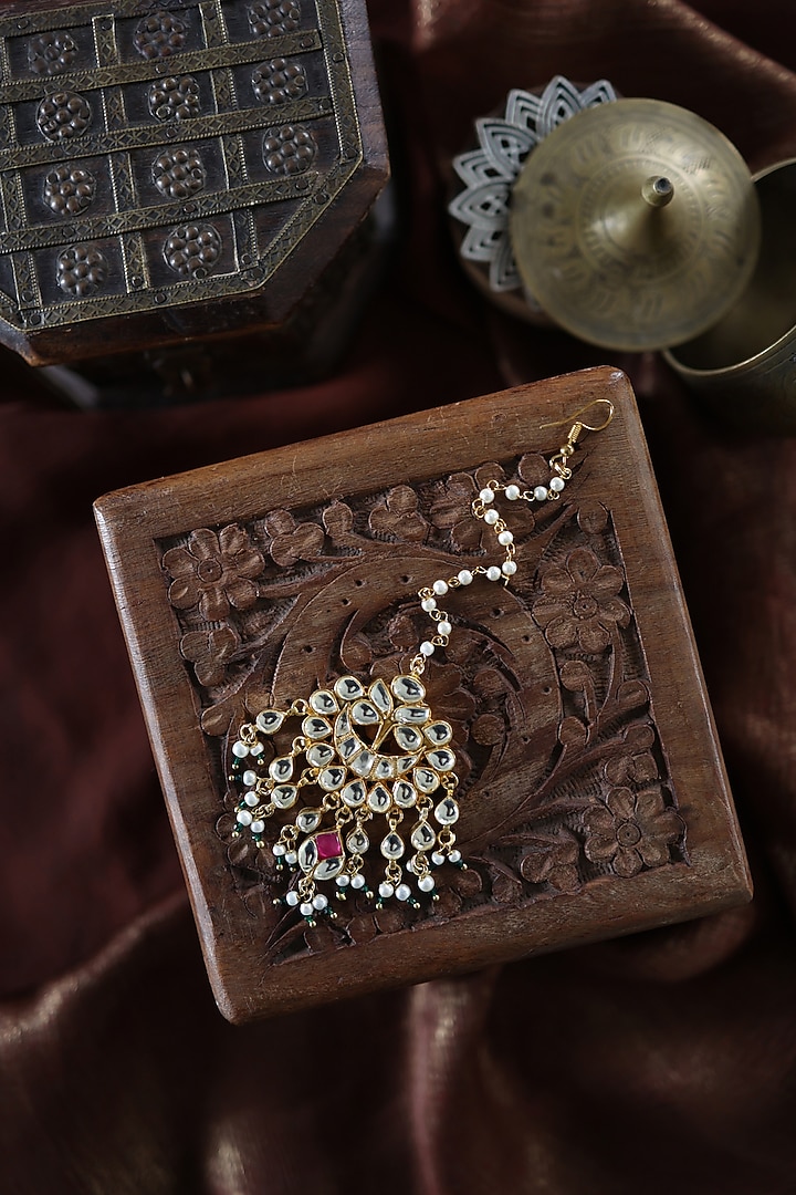 Gold Plated Kundan Polki & Pearl Maangtikka by Paisley Pop at Pernia's Pop Up Shop