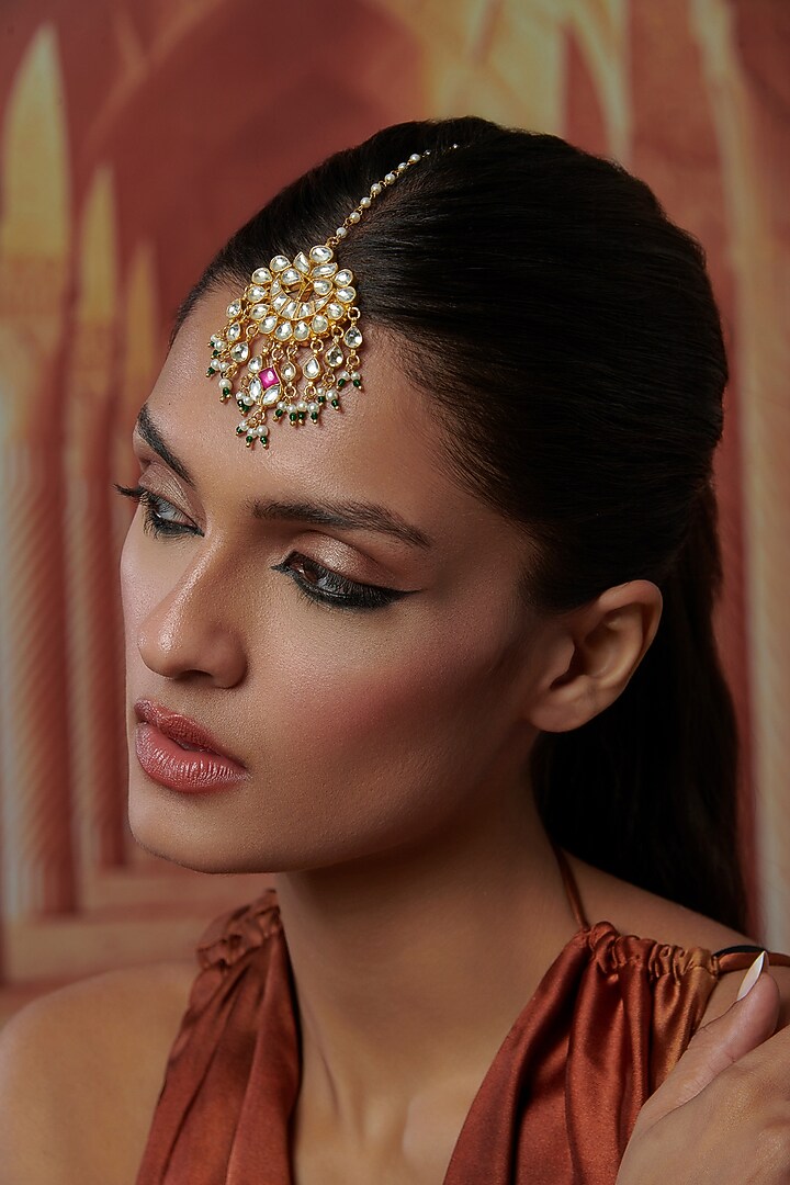 Gold Plated Kundan Polki & Pearl Maangtikka by Paisley Pop at Pernia's Pop Up Shop